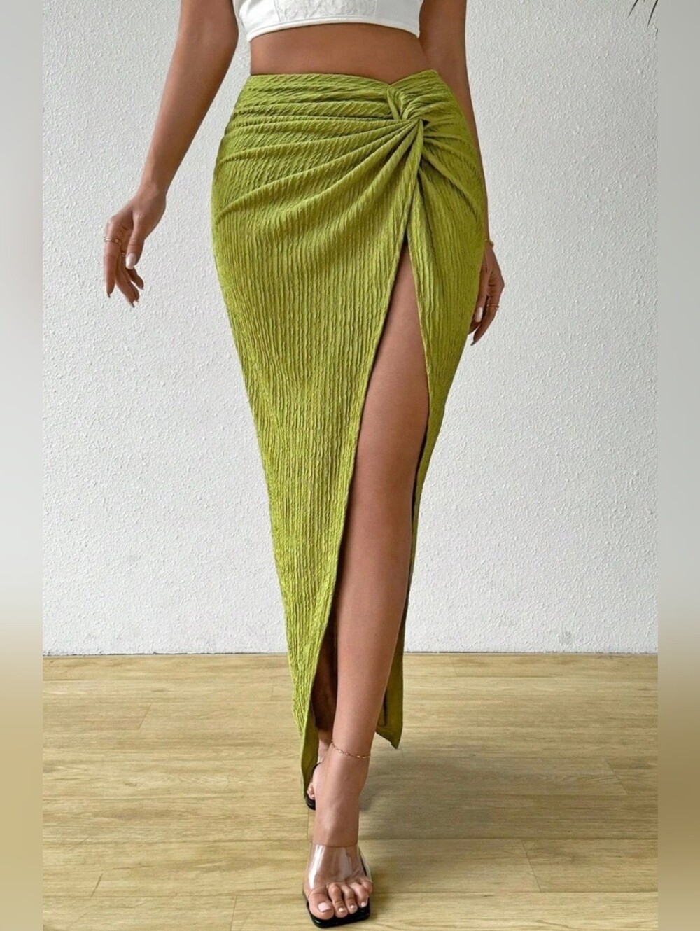 SHEIN 2X Split-Thigh Twist-Front Maxi Skirt Chartreuse Green 4075-
